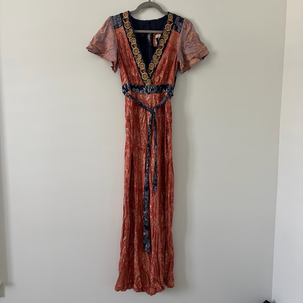 Anthropologie Akemi + Kin Sofia Metallic V Neck Embroidered Wide Leg Jumpsuit 6